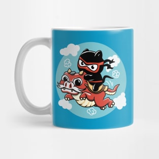 Kawaii Ninja Cat Riding a Red Dragon Mug